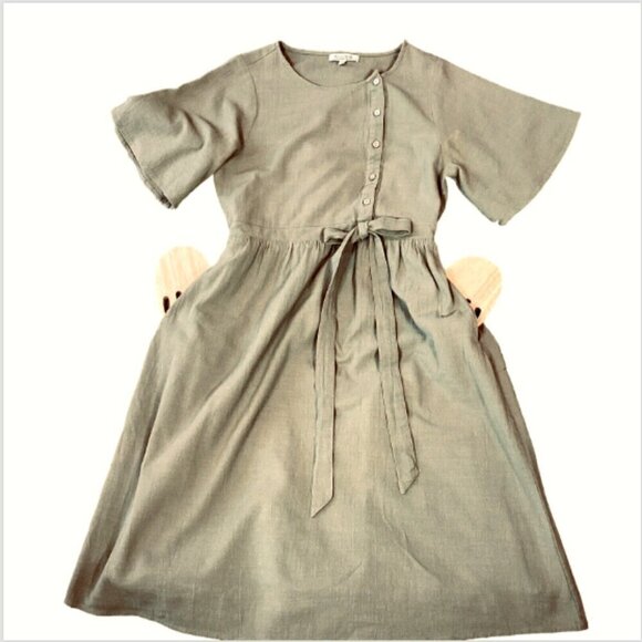 Polagram Cotton Dress Button Top A-Line Minimalist Sz M Khaki-Beige 295A - Picture 2 of 10